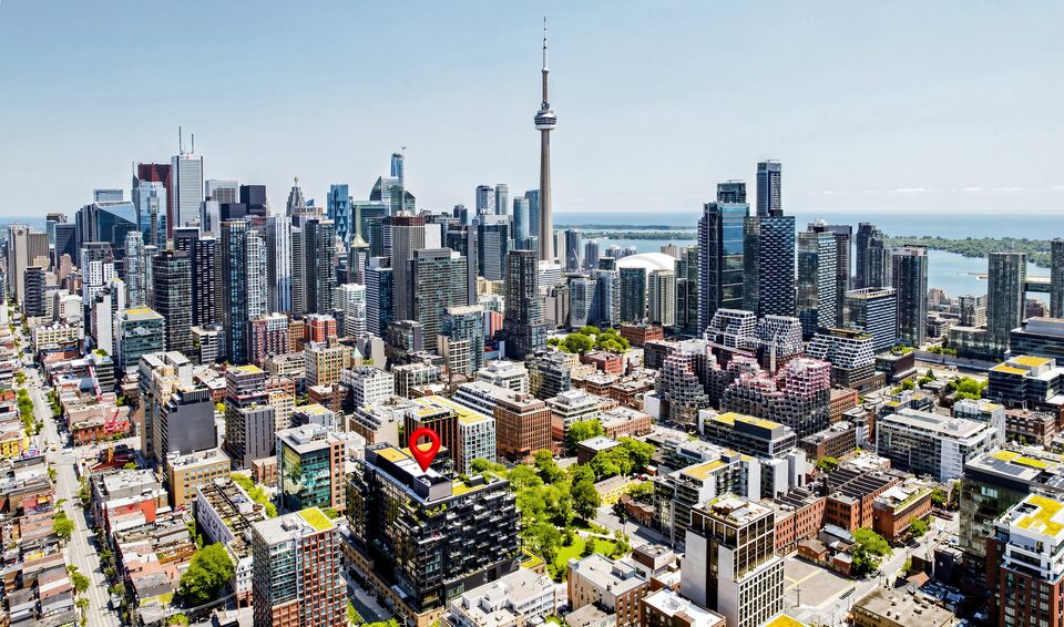 Aerial photograph showing the location of the building relative to downtown Toronto, Lake Ontario and the CN Tower