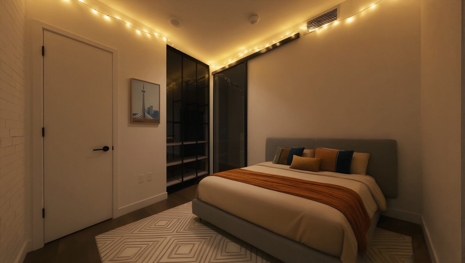 Second bedroom virtually staged in the evening with warm string lights, a bed and framed CN Tower print