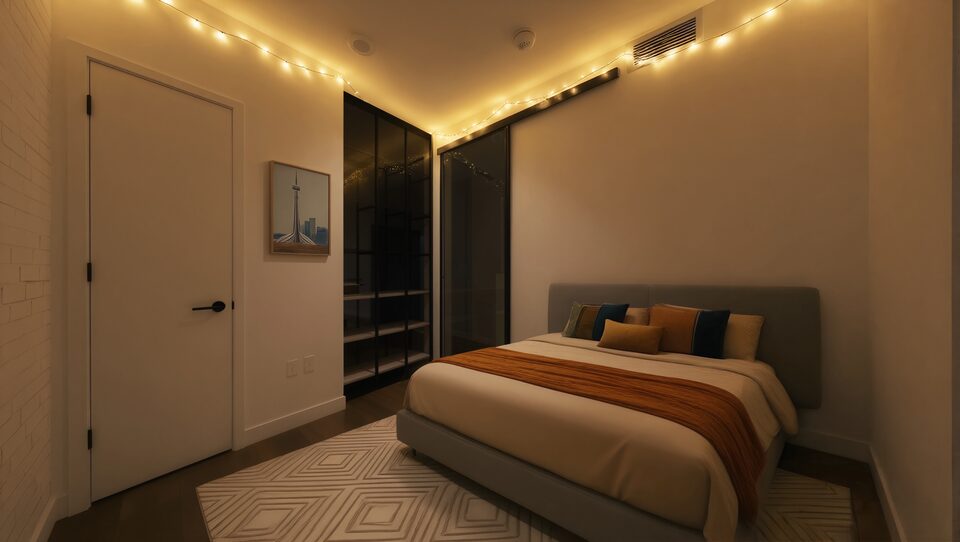 Second bedroom virtually staged in the evening with warm string lights, a bed and framed CN Tower print